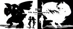  1girl 2boys absurdres anniversary chromatic_aberration contrast copyright_name english_text full_body gen_5_pokemon greyscale highres hilbert_(pokemon) hilda_(pokemon) iogi_(iogi_k) legendary_pokemon monochrome multiple_boys n_(pokemon) pokemon pokemon_(creature) reshiram silhouette simple_background standing symmetry two-tone_background white_background zekrom 