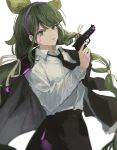  1girl absurdres alternate_costume bangs black_jacket black_neckwear black_skirt blood bloody_clothes bloody_hands chabashira_tenko closed_mouth collared_shirt commentary_request cowboy_shot danganronpa_(series) danganronpa_v3:_killing_harmony green_hair grey_background gun hair_ornament hairband handgun highres holding holding_gun holding_weapon jacket jacket_on_shoulders long_hair long_sleeves looking_at_viewer necktie null_(skev7724) pink_blood pink_hairband shirt shirt_tucked_in simple_background skirt smile solo weapon white_shirt 