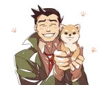  1boy animal black_hair closed_eyes formal green_jacket grin gyakuten_saiban holding holding_animal itonokogiri_keisuke jacket missile_(gyakuten_saiban) necktie red_neckwear simple_background smile ssalbulre suit white_background 