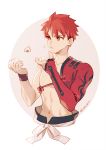  1boy bangs cropped_torso eating emiya_shirou fate/grand_order fate_(series) food highres igote limited/zero_over looking_to_the_side onigiri orange_eyes red_hair rice sengo_muramasa_(fate) shirtless simple_background taa_(acid) twitter_username upper_body white_background wristband 