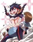  2girls black_hair blush brown_hair carrying highres kill_la_kill mankanshoku_mako matoi_ryuuko multicolored_hair multiple_girls revealing_clothes senketsu skirt sparkle toot white_background 