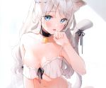  animal_ears aqua_eyes bell blush catgirl collar cropped gray_hair long_hair no_bra original shiratama_akane tail 