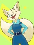  2021 anthro arctic_fox belt blue_eyes canid canine clothed clothing disney fangs female fox fully_clothed fur green_background inner_ear_fluff looking_at_viewer mammal marema_kishin one_eye_closed open_mouth open_smile signature simple_background skye_(zootopia) smile solo tan_body tan_fur tongue tuft wink yellow_background zootopia 
