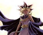 1boy armlet artist_name atem black_cloak black_hair blonde_hair bracer cloak closed_mouth commentary_request dark_skin dark_skinned_male earrings egyptian from_below jewelry male_focus millennium_puzzle multicolored_hair shiny solo soya_(sys_ygo) spiked_hair watermark yu-gi-oh! yu-gi-oh!_duel_monsters 