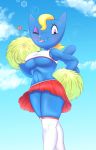  &lt;3 anthro blonde_hair blue_body blue_fur blush breasts cheerleader cleavage clothed clothing cloud domestic_cat felid feline felis female fur hair hi_res huwon katy_kat legwear looking_at_viewer low-angle_view mammal one_eye_closed parappa_the_rapper pom_poms purple_eyes sky smile solo sony_corporation sony_interactive_entertainment standing teeth thick_thighs tongue tongue_out um_jammer_lammy under_boob video_games wide_hips wink 