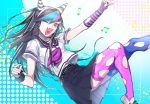  1girl arm_up bangs black_hair black_nails black_skirt blue_hair blue_legwear blush breasts commentary_request danganronpa_(series) danganronpa_2:_goodbye_despair ear_piercing fang fingerless_gloves foot_out_of_frame from_side gloves hand_up heart heart_in_mouth highres jewelry lip_piercing long_hair looking_at_viewer mioda_ibuki mismatched_legwear multicolored_hair musical_note necklace one_eye_closed open_mouth piercing pink_eyes pink_hair pleated_skirt sailor_collar school_uniform scrunchie serafuku shirt shoes short_hair short_sleeves single_glove skin_fang skirt smile solo suzumetarou thighhighs torn_clothes torn_gloves torn_legwear white_hair wrist_scrunchie 