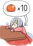  1girl alternate_costume closed_eyes commentary_request food fruit hair_ornament hair_over_one_eye hairclip hamakaze_(kantai_collection) hamatsu! kantai_collection kotatsu mandarin_orange pink_sweater short_hair silver_hair sitting solo sweater table white_background 