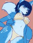  3:4 anthro blue_body blue_fur blue_hair blush breasts canid canine clothed clothing digital_media_(artwork) female fox fur gold_(metal) gold_jewelry hair hand_on_hip hi_res jewelry krystal looking_at_viewer low-angle_view mammal nikoyishi nintendo open_mouth signed simple_background sketch solo star_fox video_games white_body white_fur 