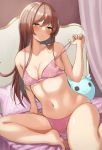  1girl bare_shoulders bed blush bra breasts brown_hair cleavage collarbone highres idolmaster idolmaster_shiny_colors long_hair medium_breasts navel oosaki_amana panties parted_lips pink_bra pink_panties sitting skindentation solo stomach strap_pull underwear wanimaru yellow_eyes 