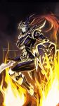  1boy armor artist_name black_luster_soldier closed_mouth commentary_request duel_monster embers fire floating_hair from_below highres holding holding_sword holding_weapon male_focus orange_hair red_eyes shield solo soya_(sys_ygo) sword watermark weapon yu-gi-oh! 