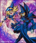  1boy 1girl artist_name bangs blonde_hair blue_footwear blush_stickers boots breasts cleavage clenched_hand closed_mouth colored_skin dark_magician dark_magician_girl duel_monster green_eyes green_skin hair_between_eyes hat highres holding holding_staff holding_wand long_hair smile soya_(sys_ygo) staff wand watermark wizard_hat yu-gi-oh! 