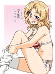  1girl american_flag_bikini bikini blonde_hair blue_eyes blush breasts commentary_request flag_print from_side girls_und_panzer grin hair_intakes half-closed_eye kay_(girls_und_panzer) large_breasts long_hair looking_at_viewer oosaka_kanagawa pink_background side-tie_bikini sitting skindentation smile solo sweat swimsuit thighhighs thighhighs_pull translated white_legwear 