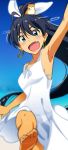  1girl :d absurdres aircraft airplane akizuki_ritchan animal_on_head antenna_hair arm_up armpits bangs barefoot blue_eyes blue_hair blue_sky blurry_foreground bow breasts collarbone condensation_trail day dress earrings fang floating_hair ganaha_hibiki hair_between_eyes hair_bow high_ponytail highres idolmaster idolmaster_(classic) jewelry long_hair looking_at_viewer on_head open_mouth outdoors shiny shiny_hair short_dress sky sleeveless sleeveless_dress small_breasts smile solo standing standing_on_one_leg summer sundress very_long_hair white_bow white_dress 