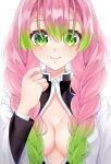  1girl bangs black_jacket breasts c: cleavage closed_mouth dress_shirt eyebrows_visible_through_hair gradient_hair green_eyes green_hair hair_between_eyes hair_intakes highres jacket kanroji_mitsuri kimetsu_no_yaiba long_hair looking_at_viewer medium_breasts mole mole_under_eye multicolored_hair nonemu open_clothes open_jacket partially_unbuttoned pink_hair shiny shiny_hair shirt simple_background smile solo upper_body very_long_hair white_background white_shirt 