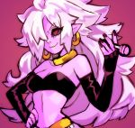  android_21 breasts candy clothed clothing colored_nails dessert ear_piercing ear_ring female food hopebiscuit humanoid humanoid_pointy_ears lollipop nails not_furry one_eye_obstructed piercing red_eyes simple_background solo 