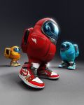  3d 3others among_us black_background blue_footwear commentary english_commentary grey_background meme multiple_others no_humans red_footwear rtfktstudios shoes simple_background sneakers solo_focus spacesuit two-tone_background yellow_footwear 
