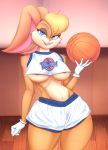  anthro areola areola_slip basketball big_breasts blonde_hair blue_eyes breasts clothed clothing female fur hair half-closed_eyes hi_res huwon inside lagomorph leporid lola_bunny looking_at_viewer looney_tunes mammal narrowed_eyes open_mouth rabbit smile solo standing teeth thick_thighs warner_brothers wide_hips 