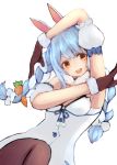  1girl :d animal_ears bangs black_gloves blue_hair blue_ribbon bow braid breasts brown_legwear bunny_ears carrot_hair_ornament commentary_request detached_sleeves dress eyebrows_behind_hair food_themed_hair_ornament fur_trim gloves hair_bow hair_ornament highres hololive knee_up long_hair looking_at_viewer multicolored_hair nyame_(jujs7258) open_mouth orange_eyes pantyhose pom_pom_(clothes) pose puffy_short_sleeves puffy_sleeves ribbon short_sleeves sidelocks simple_background small_breasts smile solo twin_braids twintails two-tone_hair upper_body usada_pekora virtual_youtuber white_background white_bow white_dress white_hair 