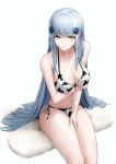  1girl absurdres amamizu_shizuku animal_print bangs bare_shoulders bikini blue_hair breast_hold breasts cleavage closed_mouth collarbone cow_print eyebrows_visible_through_hair girls_frontline green_eyes hand_on_thigh highres hk416_(girls_frontline) long_hair looking_at_viewer medium_breasts navel sitting solo swimsuit swimwear thighs white_background 