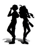  1boy 1girl absurdres chromatic_aberration contrast full_body greyscale highres hilbert_(pokemon) hilda_(pokemon) iogi_(iogi_k) monochrome pokemon pokemon_(creature) silhouette simple_background standing symmetry white_background 