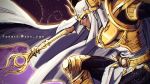  1boy armor artist_name breastplate character_request cloak closed_mouth commentary_request dark_skin dark_skinned_male facial_mark from_side glowing gold_armor greaves grey_cloak holding holding_staff male_focus purple_eyes shiny sketch solo soya_(sys_ygo) staff watermark yu-gi-oh! 