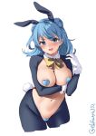  1girl animal_ears blue_eyes blue_hair blush breasts bunny_ears bunny_tail cleavage cropped_legs detached_collar double_bun ebifurya eyebrows_visible_through_hair fake_animal_ears gloves groin heart_pasties highres kantai_collection large_breasts medium_hair navel open_mouth pasties simple_background solo tail twitter_username urakaze_(kantai_collection) white_background white_gloves 