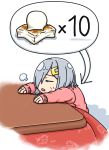  1girl alternate_costume closed_eyes commentary_request hair_ornament hair_over_one_eye hairclip hamakaze_(kantai_collection) hamatsu! kantai_collection kotatsu mochi pink_sweater short_hair silver_hair sitting solo sweater table white_background 