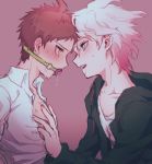  2boys ahoge amido_(compassion273) ball_gag bangs bdsm blush bound brown_hair collarbone collared_shirt danganronpa_(series) danganronpa_2:_goodbye_despair eye_contact gag gagged green_jacket grey_hair grey_shirt hands_on_another&#039;s_chest highres hinata_hajime hood hood_down hooded_jacket jacket komaeda_nagito long_sleeves looking_at_another looking_at_viewer male_focus messy_hair multiple_boys o-ring open_clothes open_mouth open_shirt pink_background print_shirt profile saliva shirt short_hair smile tears upper_body upper_teeth yaoi 