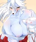  2019 anthro areola areola_slip asian_clothing big_breasts blush breasts canid canine cheek_tuft cleavage clothed clothing east_asian_clothing eyelashes facial_tuft female front_view fur green_eyes hair hi_res holding_glass holding_object japanese_clothing kemono kimono looking_at_viewer mammal shrine_maiden simple_background smile solo tetto tuft white_body white_fur white_hair 