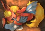  black_eyes blanket blanket_hug commentary_request flareon from_above gen_1_pokemon highres kikuyoshi_(tracco) no_humans paws pokemon pokemon_(creature) polka_dot toes wooden_floor 