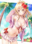  1girl absurdres ahoge ball bangs beachball bikini bikini_skirt blonde_hair blurry blurry_background blush breasts cleavage closed_mouth commentary_request eyebrows_visible_through_hair floating_hair flower frilled_bikini frills front-tie_bikini front-tie_top groin hair_between_eyes hair_flower hair_intakes hair_ornament halterneck hand_in_hair hibiscus highres holding holding_ball idolish_7 jacket jacket_over_swimsuit long_hair looking_at_viewer medium_breasts midriff navel noan off_shoulder open_clothes open_jacket palm_tree pink_jacket pleated_skirt red_eyes red_flower red_ribbon ribbon skirt sleeves_past_wrists smile solo stomach swimsuit takanashi_tsumugi tree white_bikini white_skirt 