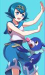  1girl :d asada_yo bangs blue_background blue_eyes blue_hair blue_pants blue_sailor_collar blush collared_shirt gen_7_pokemon hair_between_eyes hairband highres lana_(pokemon) open_mouth pants pokemon pokemon_(anime) pokemon_(creature) pokemon_sm_(anime) popplio sailor_collar sailor_shirt shiny shiny_hair shiny_skin shirt short_hair simple_background sleeveless sleeveless_shirt smile solo standing starter_pokemon white_shirt 