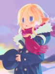  1girl bangs blonde_hair blue_coat blue_eyes blush breath coat fur-trimmed_coat fur_trim harada_takehito hat holding holding_clothes holding_hat hooded_coat long_sleeves open_mouth original outdoors pointy_ears red_scarf scarf short_hair_with_long_locks sidelocks sky solo winter winter_clothes 