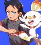  1boy :d asada_yo black_hair blue_background blue_eyes gen_8_pokemon goh_(pokemon) grey_shirt hair_ornament hairclip male_focus open_mouth pokemon pokemon_(anime) pokemon_(creature) pokemon_swsh_(anime) scorbunny shiny shiny_hair shirt short_hair short_sleeves simple_background smile solo starter_pokemon upper_body 