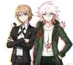  2boys artist_name bangs belt black_belt black_jacket black_pants blonde_hair brown_hair brown_pants closed_mouth collarbone collared_shirt commentary_request crossed_arms danganronpa:_trigger_happy_havoc danganronpa_(series) danganronpa_2:_goodbye_despair dress_shirt glasses grey_background grey_eyes grey_hair hair_between_eyes hand_on_hip highres hood jacket komaeda_nagito long_hair long_sleeves looking_at_viewer male_focus messy_hair monokuma monomi_(danganronpa) multiple_boys open_clothes open_jacket pants print_shirt shirt short_hair simple_background smile songmil togami_byakuya upper_body white_hair white_shirt 