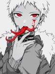  1boy alternate_costume amido_(compassion273) bangs blood blood_on_face commentary_request danganronpa_(series) danganronpa_2:_goodbye_despair earrings finger_licking fur_trim grey_background hand_up highres hinata_hajime injury jacket jewelry licking long_sleeves long_tongue looking_at_viewer male_focus open_mouth red_eyes short_hair simple_background solo spiked_hair spot_color sweater tongue tongue_out upper_body 