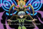  1boy antenna_hair artist_name bowl_cut bug character_name clenched_teeth dated duel_monster giant glasses green_tunic grey_eyes happy_birthday insector_haga long_sleeves looking_at_viewer male_focus mixed-language_commentary monster no_pupils outstretched_arms oversized_insect perfectly_ultimate_great_moth short_hair smile soya_(sys_ygo) teeth yu-gi-oh! yu-gi-oh!_duel_monsters 