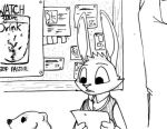  2016 ambiguous_gender ambiguous_species anthro black_and_white buckteeth bulletin_board calvin_lapin_(spiff) cheek_tuft clothing cork_board dress_shirt ears_up english_text eyelashes facial_tuft fan_character fur holding_paper lagomorph larger_ambiguous larger_male leporid male mammal monochrome rabbit reading shirt size_difference smaller_ambiguous smaller_male solo_focus spiff sweater sweater_vest teeth text topwear traditional_media_(artwork) tuft vest white_body white_fur 