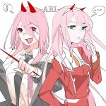  ! ... 2girls absurdres black_neckwear chainsaw_man commentary darling_in_the_franxx english_commentary green_eyes highres horns long_hair long_sleeves look-alike multiple_girls necktie off-shoulder_jacket open_mouth orange_neckwear pink_hair power_(chainsaw_man) red_eyes sharp_teeth spoken_ellipsis spoken_exclamation_mark teeth tenshinteki_ari zero_two_(darling_in_the_franxx) 