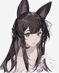  1girl animal animal_ears atelier_live bangs bare_shoulders black_hair bow chai_(vtuber) choker collarbone dress frills glint green_eyes hair_bow highres kaneblob long_hair looking_at_viewer off_shoulder pendant_choker portrait ribbon sidelocks signature simple_background sketch smile solo thank_you virtual_youtuber white_background 