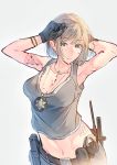  1girl arm_tattoo armpits arms_up bangs blonde_hair blue_eyes breasts cleavage cuffs daito earrings eyebrows_visible_through_hair gun handcuffs handgun highres jewelry looking_at_viewer medium_breasts midriff navel necklace original police_badge radio short_hair solo tank_top tattoo weapon white_background 