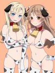  2girls animal_ears bare_shoulders bell bikini blonde_hair blue_eyes blush braid breasts breasts_apart brown_hair cameltoe cleavage collarbone cow_ears cow_girl cow_horns cowbell elbow_gloves eyebrows_visible_through_hair gloves high_school_fleet highres horns light_brown_hair micro_bikini multiple_girls navel nosa_kouko onsen_tamago_(hs_egg) open_mouth print_legwear side_braid simple_background smile sweat swimsuit thighhighs wilhelmina_braunschweig_ingenohl_friedeburg 