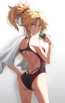  1girl ass back bangs bare_shoulders black_swimsuit blonde_hair braid breasts drinking_straw fate/apocrypha fate_(series) french_braid green_eyes hair_ornament hair_scrunchie highleg highleg_swimsuit highres juice_box long_hair looking_at_viewer looking_back mordred_(fate) mordred_(fate)_(all) one-piece_swimsuit parted_bangs ponytail red_swimsuit scrunchie sidelocks small_breasts swimsuit thighs tonee towel two-tone_swimsuit 