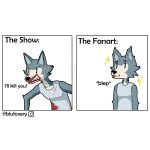  1:1 2021 absurd_res arm_tuft beastars black_nose blep blood blood_on_clothing blood_on_face blufoxery bodily_fluids canid canine canis cheek_tuft clothing comparison digital_media_(artwork) elbow_tufts english_text facial_tuft fangs fur glare grey_body grey_clothing grey_fur grey_shirt grey_tank_top grey_topwear hi_res humor legoshi_(beastars) male mammal pecs scratches scruffy shirt signature simple_background snarling solo sparkles tank_top text tongue tongue_out topwear tuft white_background wolf 