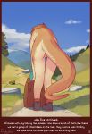  anthro backpack bent_over clara_(funkybun) clothing english_text exhibitionism female footwear footwear_only funkybun genitals hi_res hike lizard mostly_nude mountain outside public pussy reptile scalie shoes shoes_only socks solo text 