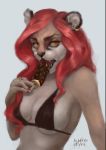  anthro breasts clothing dessert eating felid female food fur hair hi_res ice_cream leon-evva lion mammal open_mouth pantherine simple_background smile solo underwear 