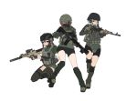  3girls ak-47 armedshipyard assault_rifle bike_shorts black_legwear black_shorts blue_eyes body_armor boots brown_hair escape_from_tarkov full_body gloves green_gloves green_shirt gun hair_over_one_eye headset helmet highres holding holding_weapon knee_pads load_bearing_vest lvoa-c m4_carbine magazine_(weapon) mask medium_hair mouth_mask multiple_girls original purple_eyes red_eyes rifle shirt shoes shorts simple_background smile socks teeth thighhighs weapon white_background white_hair 