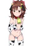  1girl animal_ears bare_shoulders bell bikini blush breasts brown_eyes brown_hair closed_mouth collarbone cow_girl cow_horns cowbell elbow_gloves gloves high_school_fleet highres horns jitome micro_bikini navel onsen_tamago_(hs_egg) print_gloves print_legwear simple_background small_breasts solo swimsuit thighhighs white_background 