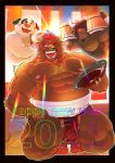  2021 anthro asian_clothing barazoku belly bovid bovine brown_body brown_fur canid canine canis cattle chinese_new_year chinese_zodiac chisa_sa clothing domestic_dog east_asian_clothing fundoshi fur group hi_res holidays humanoid_hands japanese_clothing kemono male mammal moobs musclegut new_year nipples one_eye_closed overweight overweight_male text underwear white_body white_fur wink year_of_the_ox 
