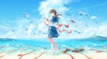  1girl bare_legs barefoot beach bird black_bag blue_sailor_collar blue_skirt blue_sky bottle brown_hair cloud cloudy_sky craft-cs from_behind holding holding_ribbon jar original pleated_skirt ponytail red_ribbon ribbon sailor_collar shirt shoes_removed short_sleeves skirt sky solo standing water white_shirt wide_shot 